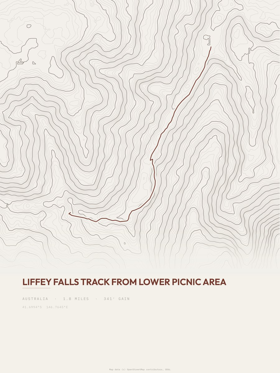 Liffey Falls Track topographic trail print