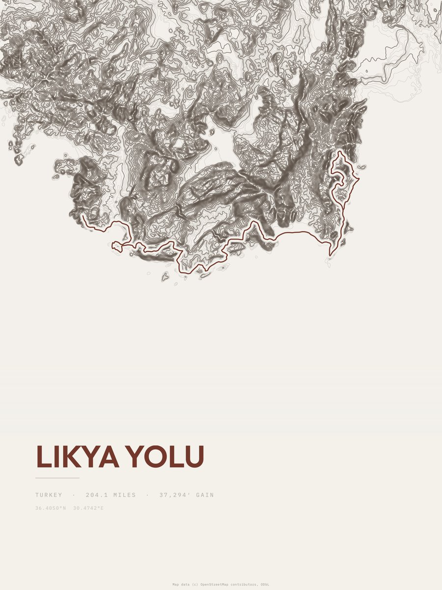 Likya Yolu topographic trail print
