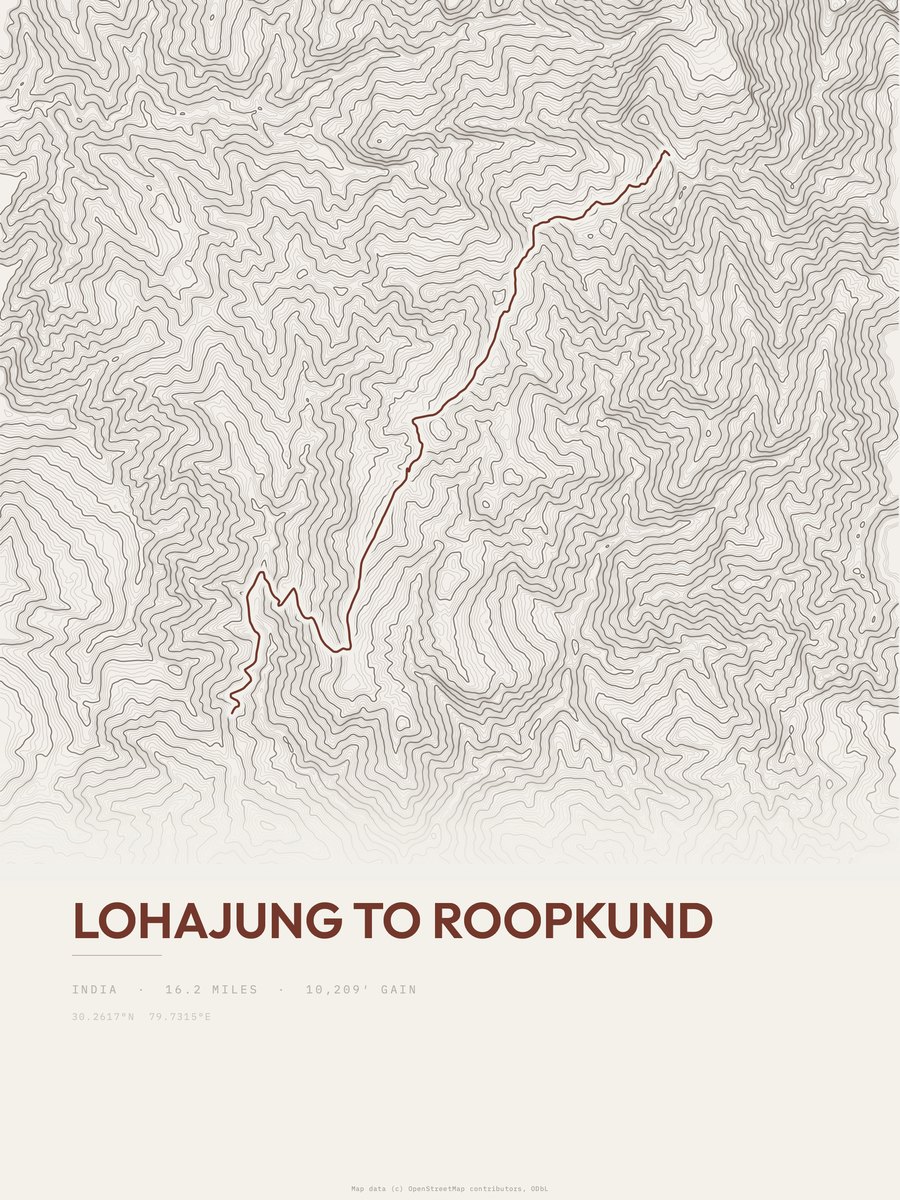 Lohajung to Roopkund topographic trail print