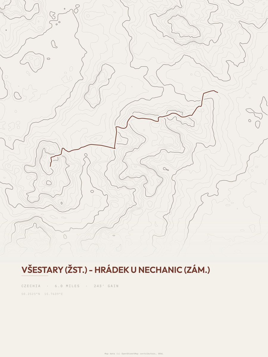 Všestary to Hrádek u Nechanic topographic trail print