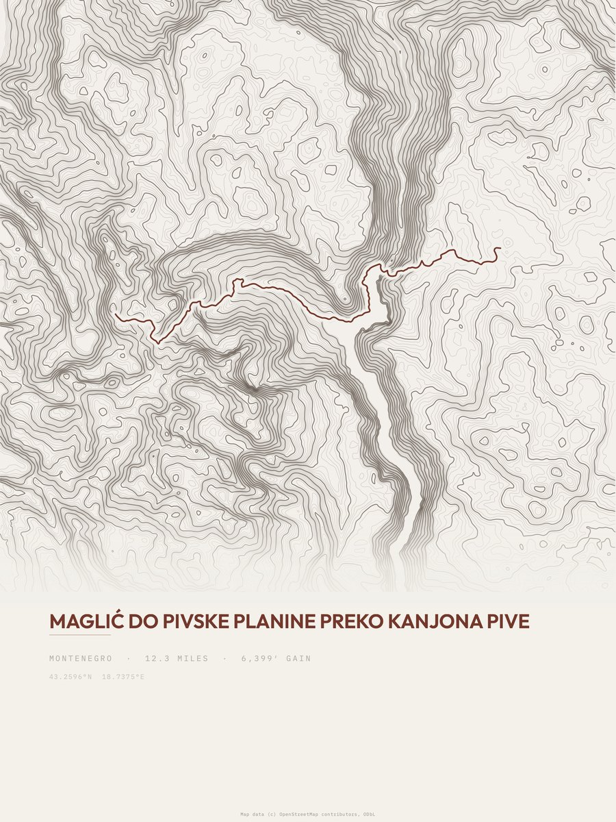 Maglić do Pivske planine topographic trail print
