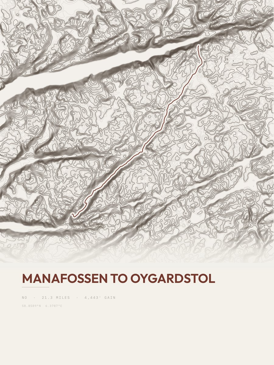 Manafossen to Oygardstol topographic trail print