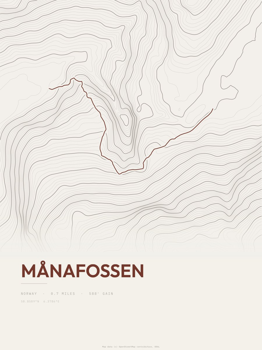 Månafossen topographic trail print