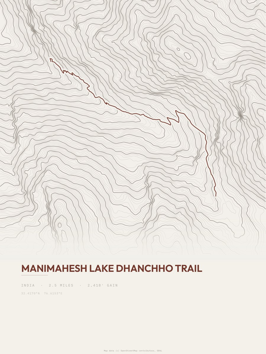Manimahesh Lake Dhanchho Trail topographic trail print