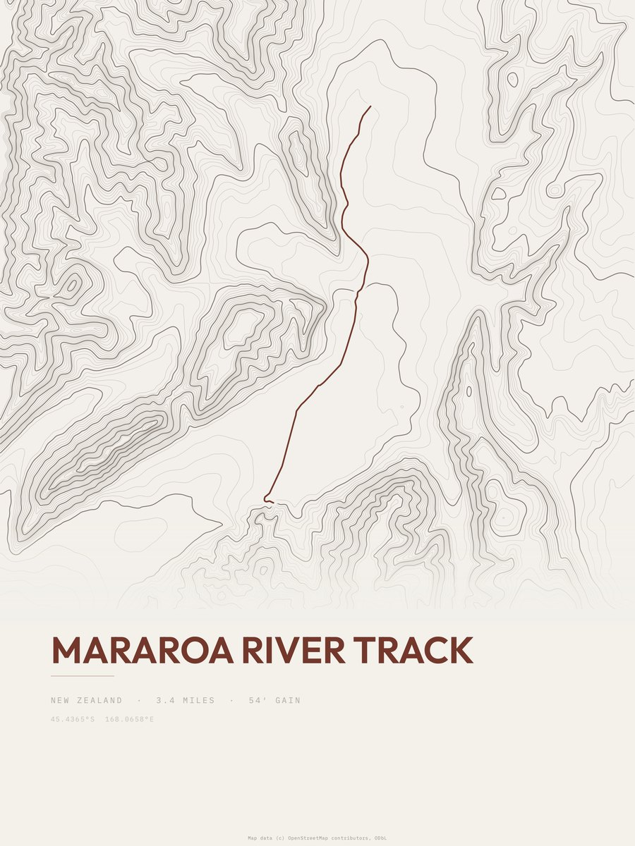 Mararoa River Track topographic trail print