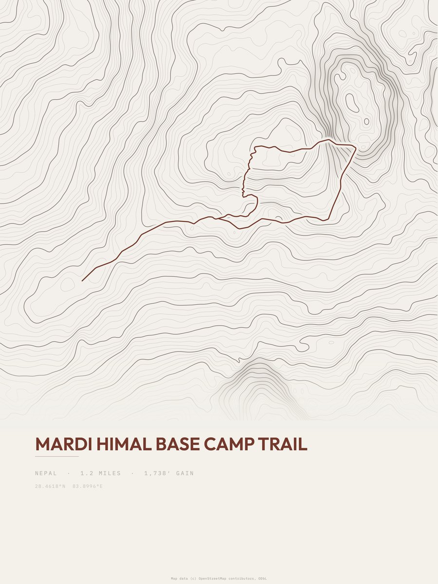 Mardi Himal Base Camp Trail topographic trail print