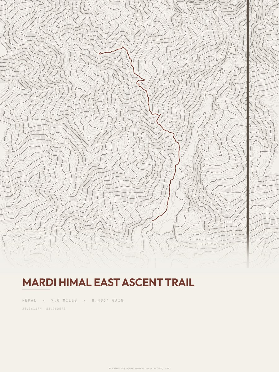 Mardi Himal East ascent trail topographic trail print