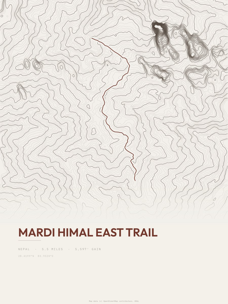 Mardi Himal East Trail topographic trail print