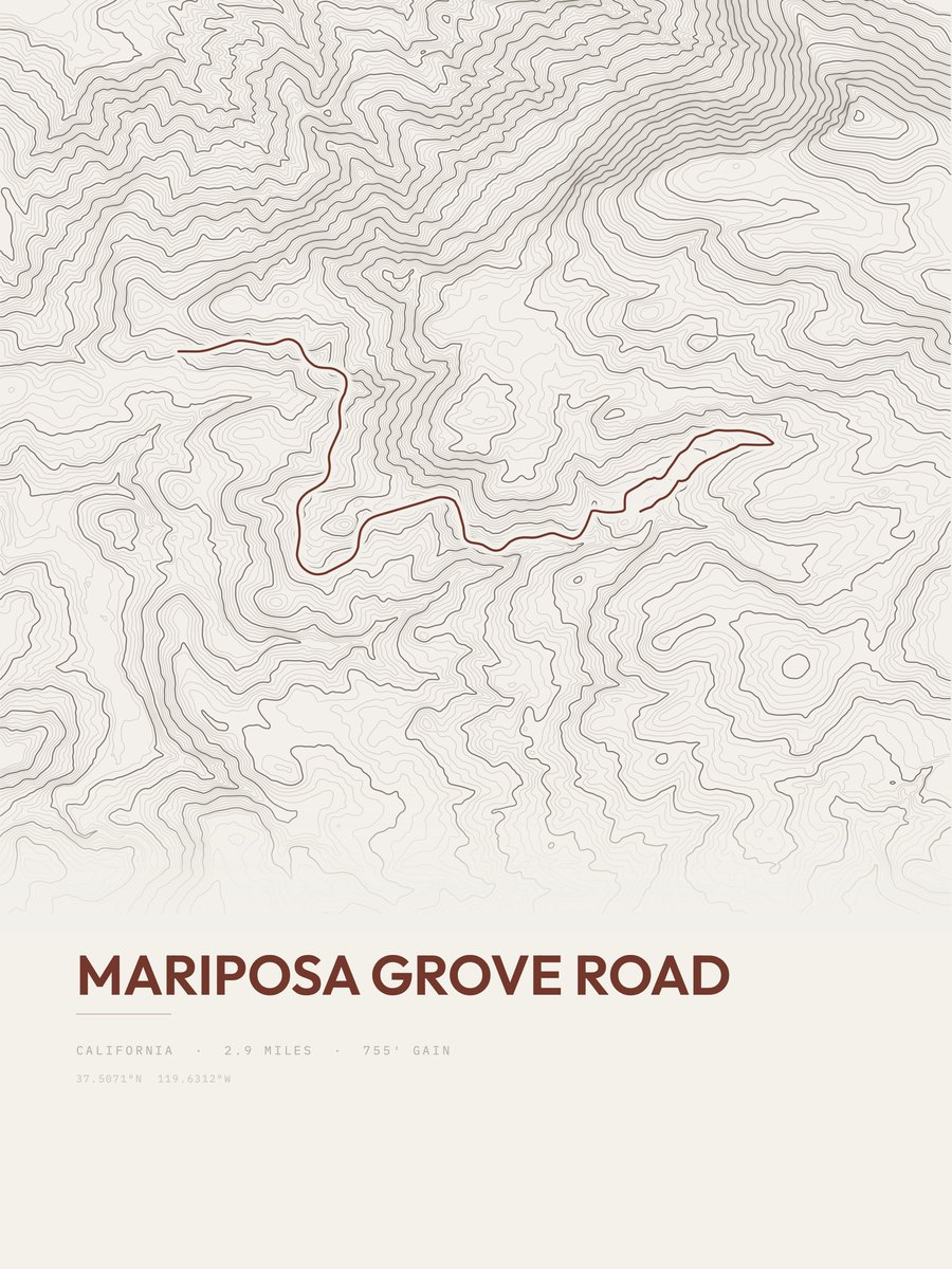 Mariposa Grove Road topographic trail print