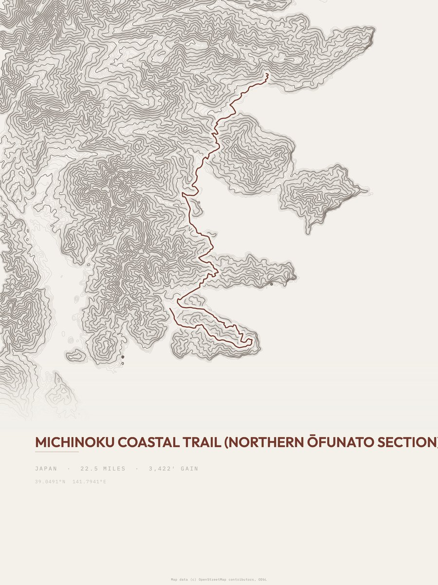 Michinoku Coastal Trail topographic trail print