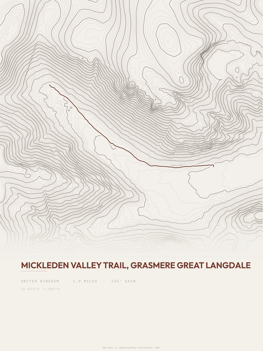Mickleden Valley Trail topographic trail print