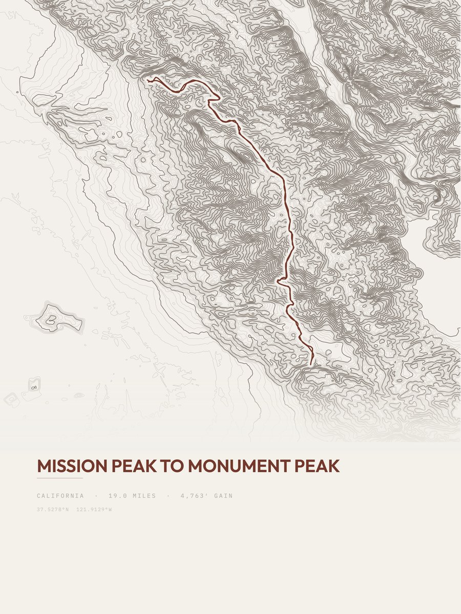 Mission Peak to Monument Peak topographic trail print
