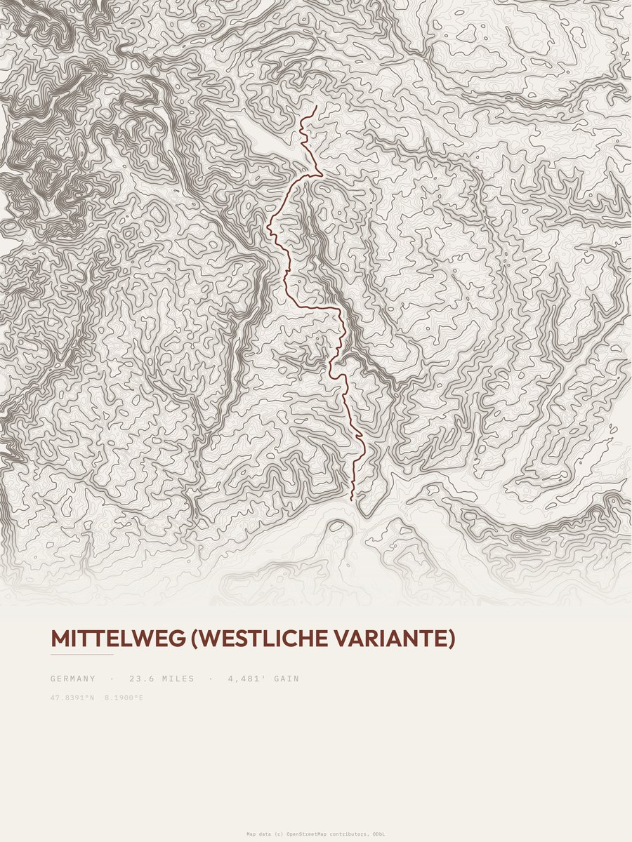 Mittelweg (westliche Variante) topographic trail print
