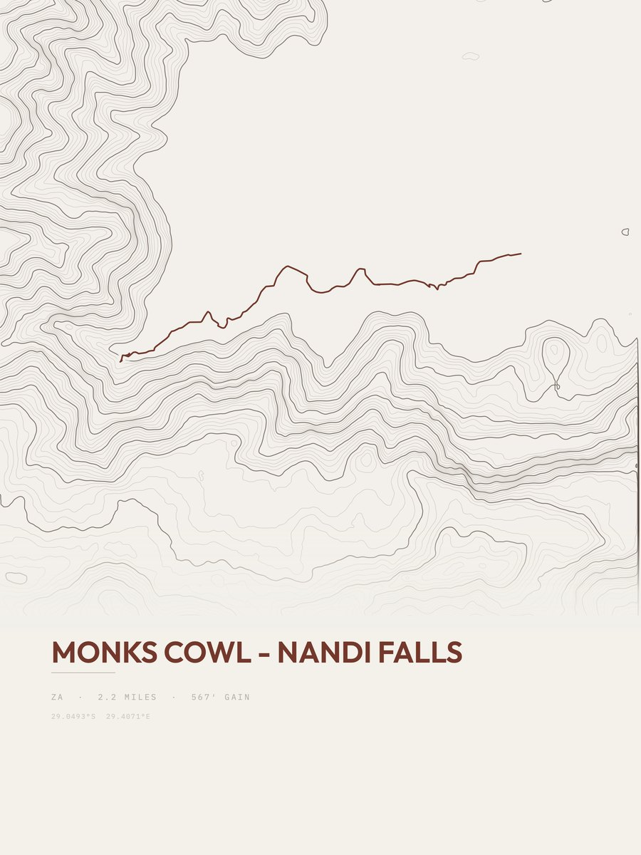Monks Cowl to Nandi Falls topographic trail print