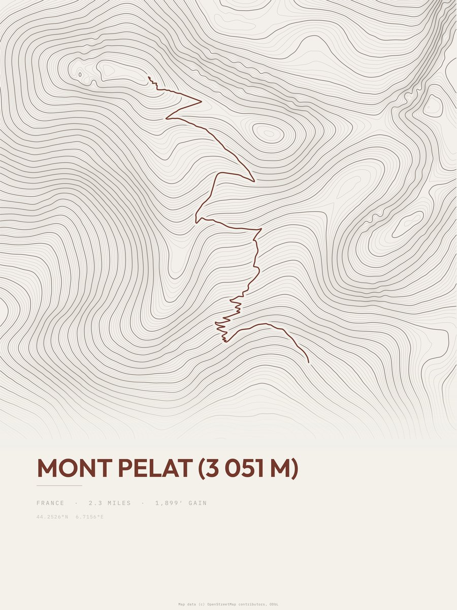 Mont Pelat (3 051 m) topographic trail print