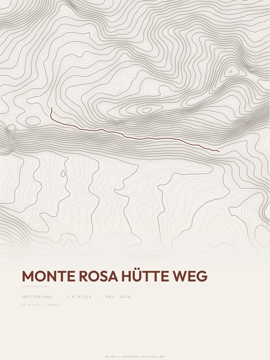 Monte Rosa Hütte Weg topographic trail print