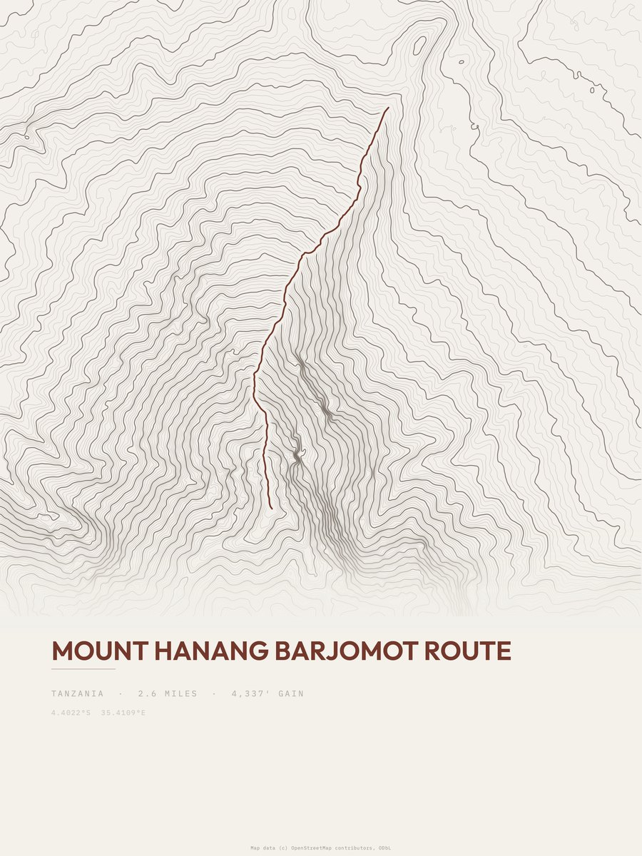 Mount Hanang Barjomot Route topographic trail print