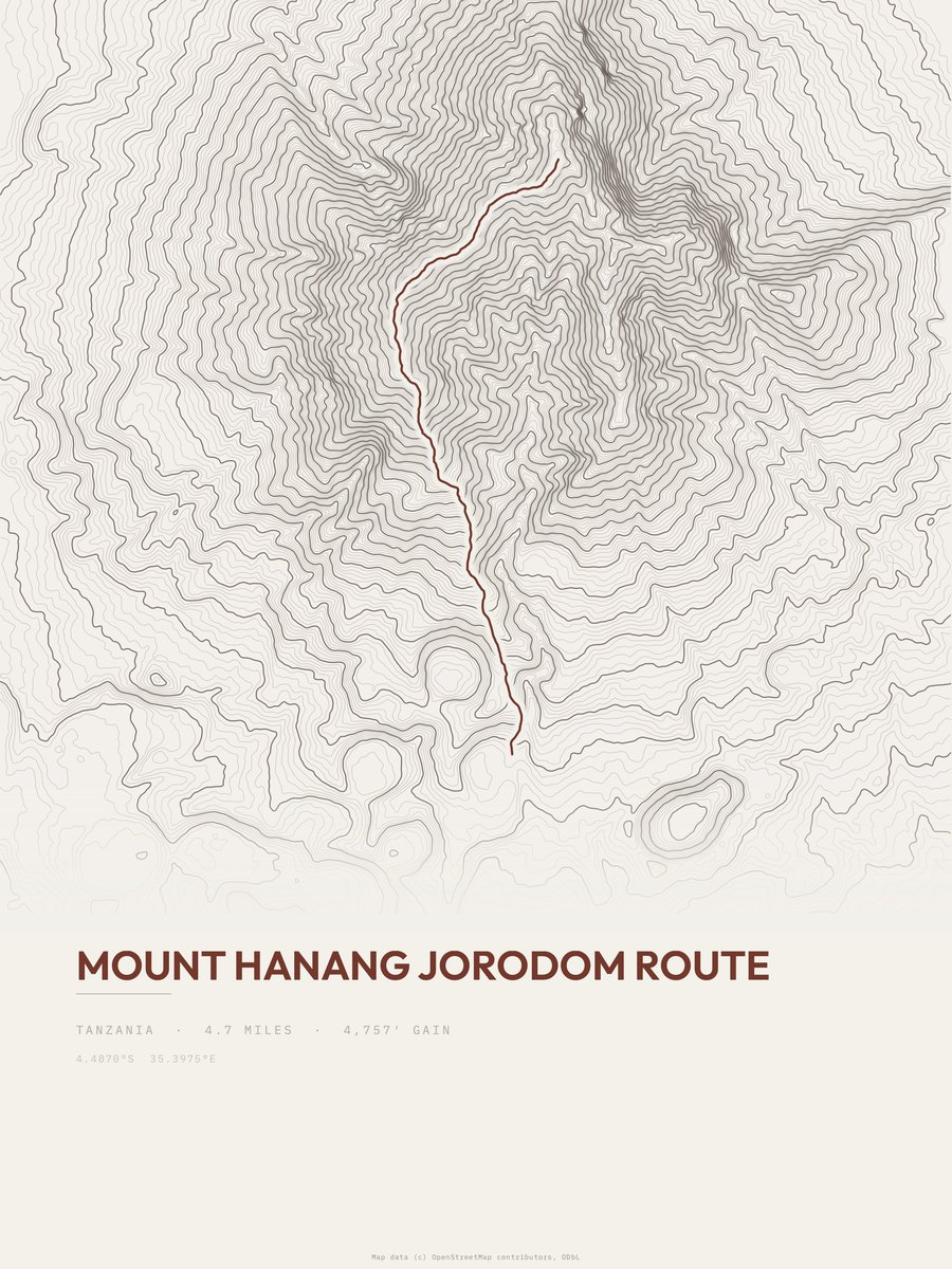Mount Hanang Jorodom Route topographic trail print