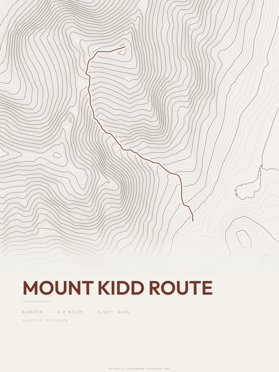 Mount Kidd Route topographic trail print