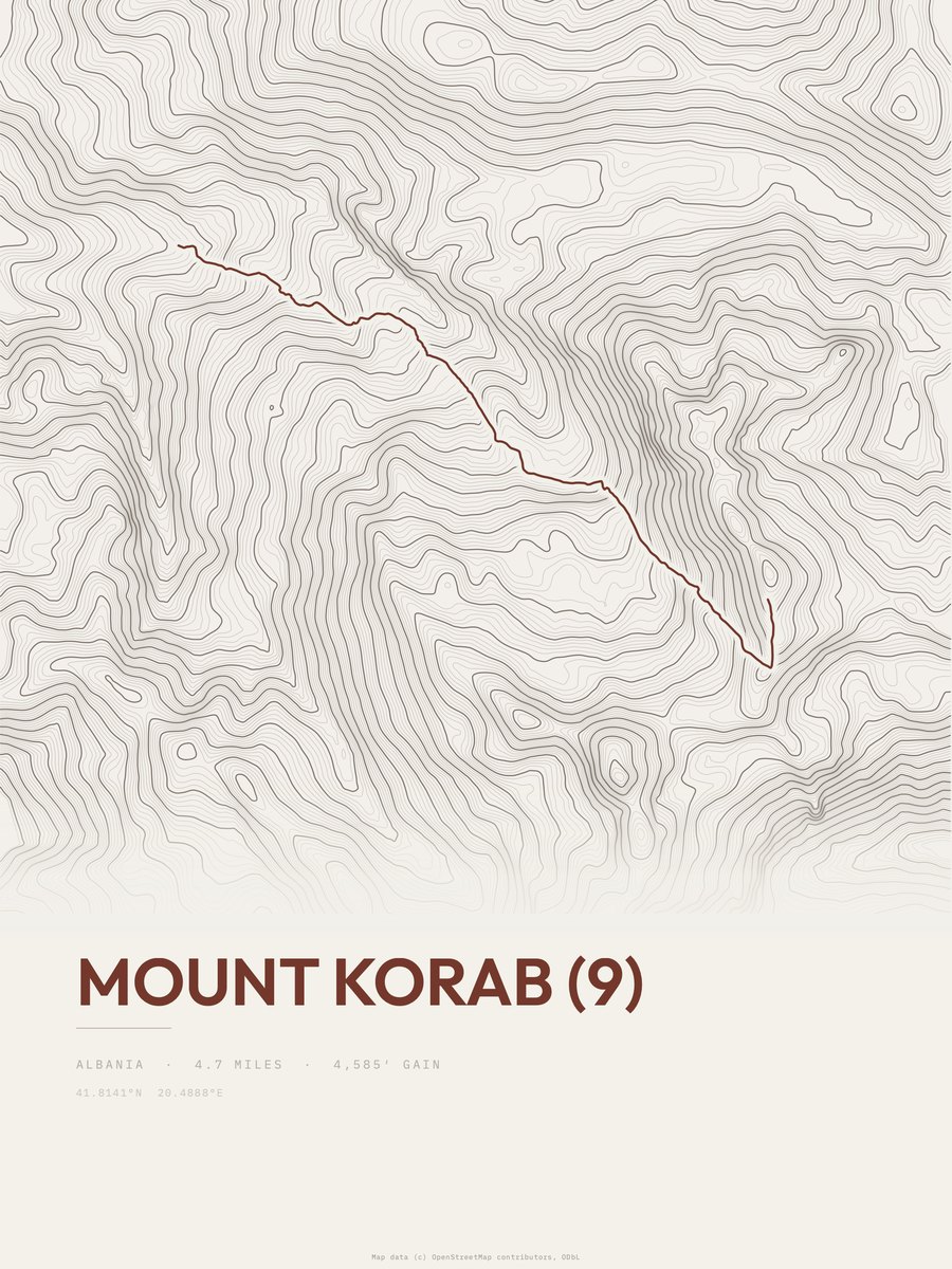 Mount Korab topographic trail print