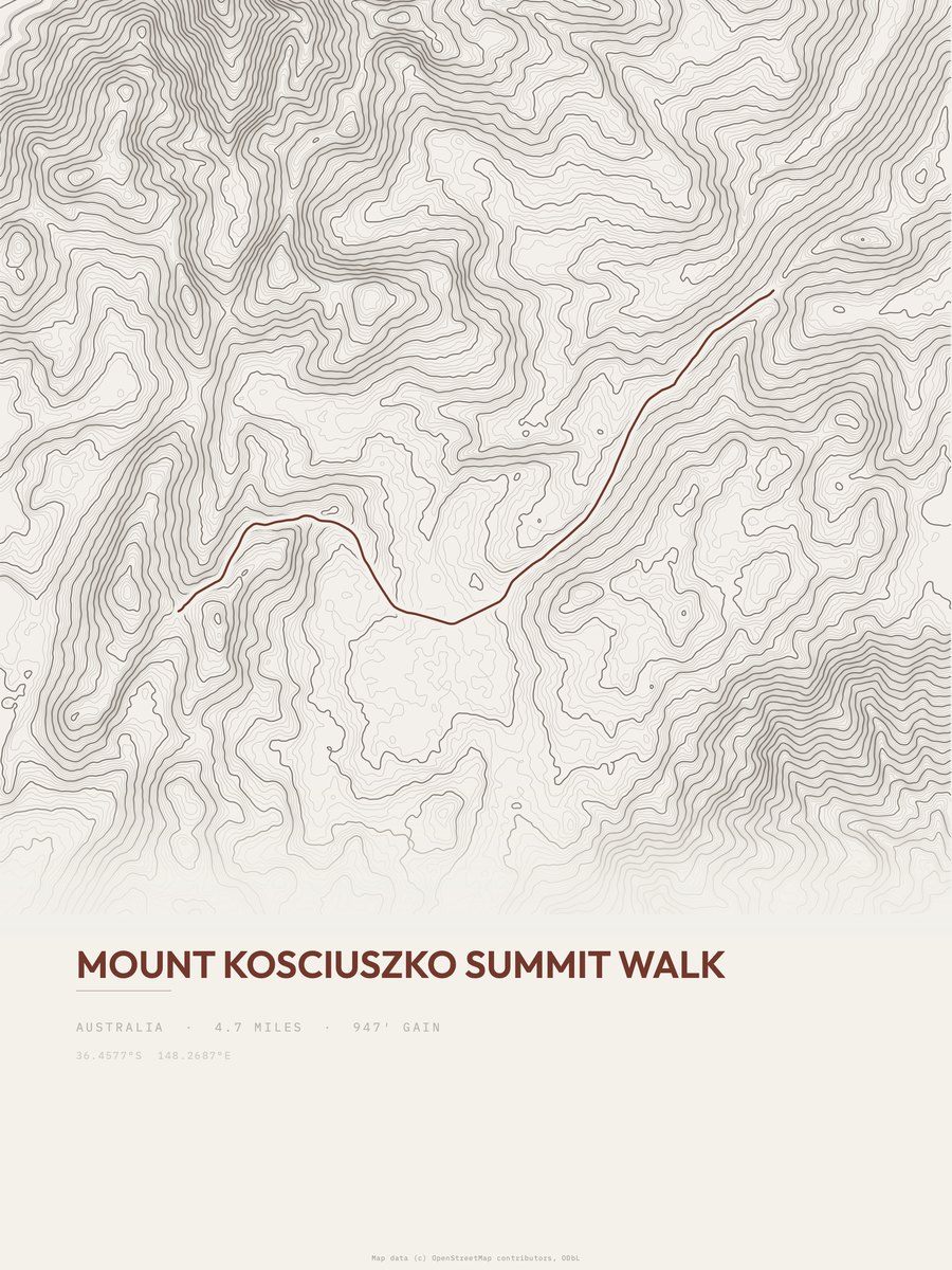 Mount Kosciuszko Summit Walk topographic trail print