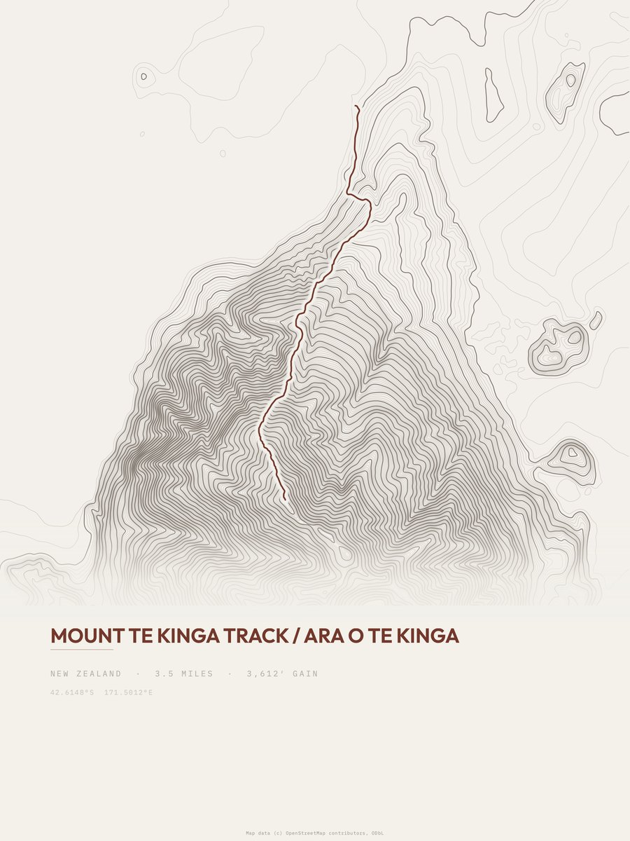 Mount Te Kinga Track topographic trail print