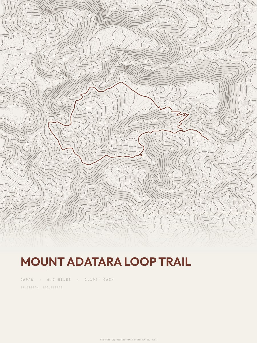 Mount Adatara Loop Trail topographic trail print