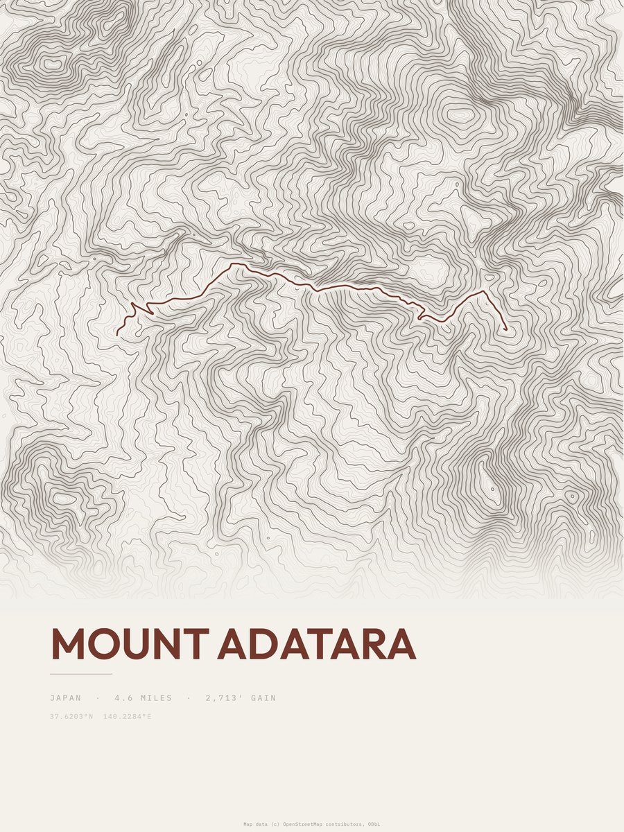 Mount Adatara topographic trail print