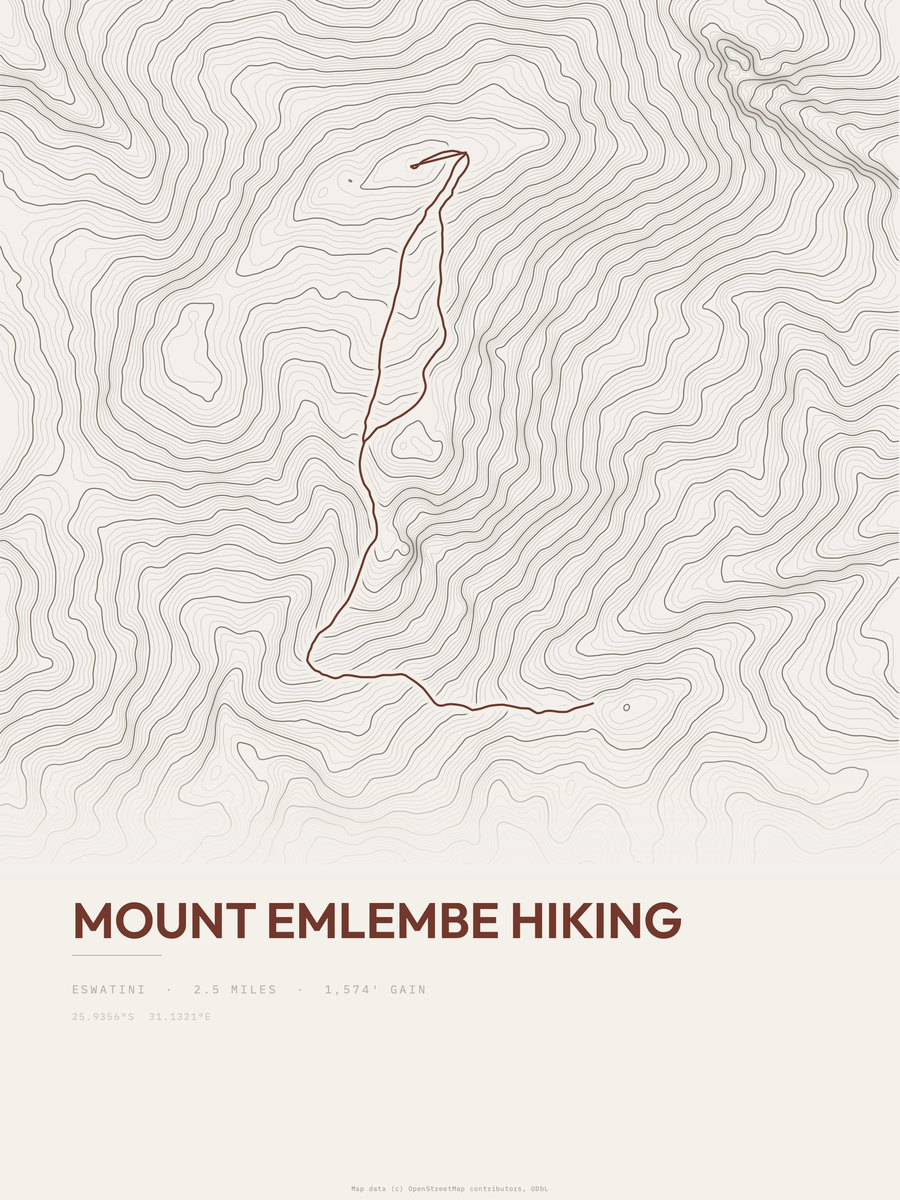 Mount Emlembe hiking Topographic print
