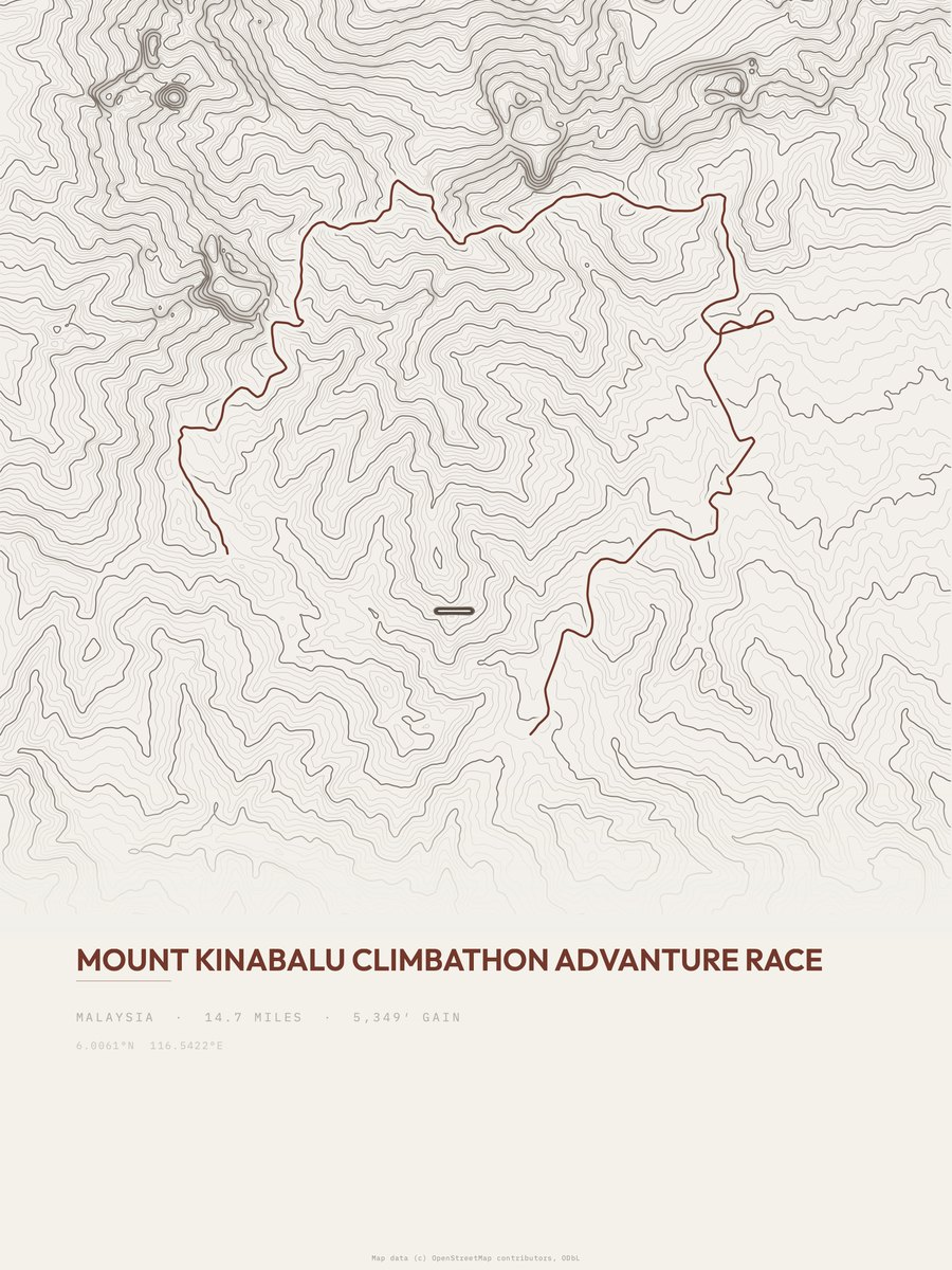 Mount Kinabalu Climbathon topographic trail print