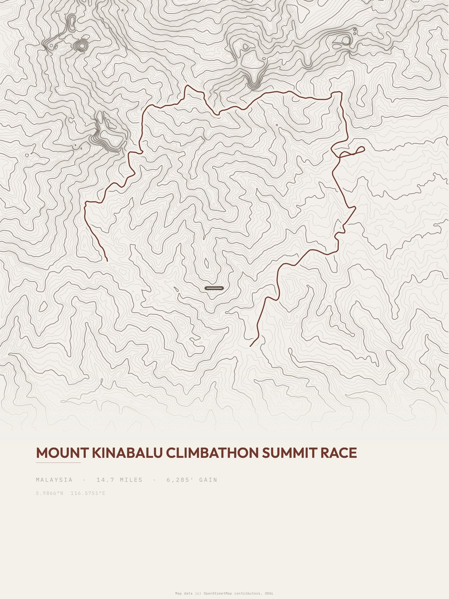 Mount Kinabalu Climbathon topographic trail print