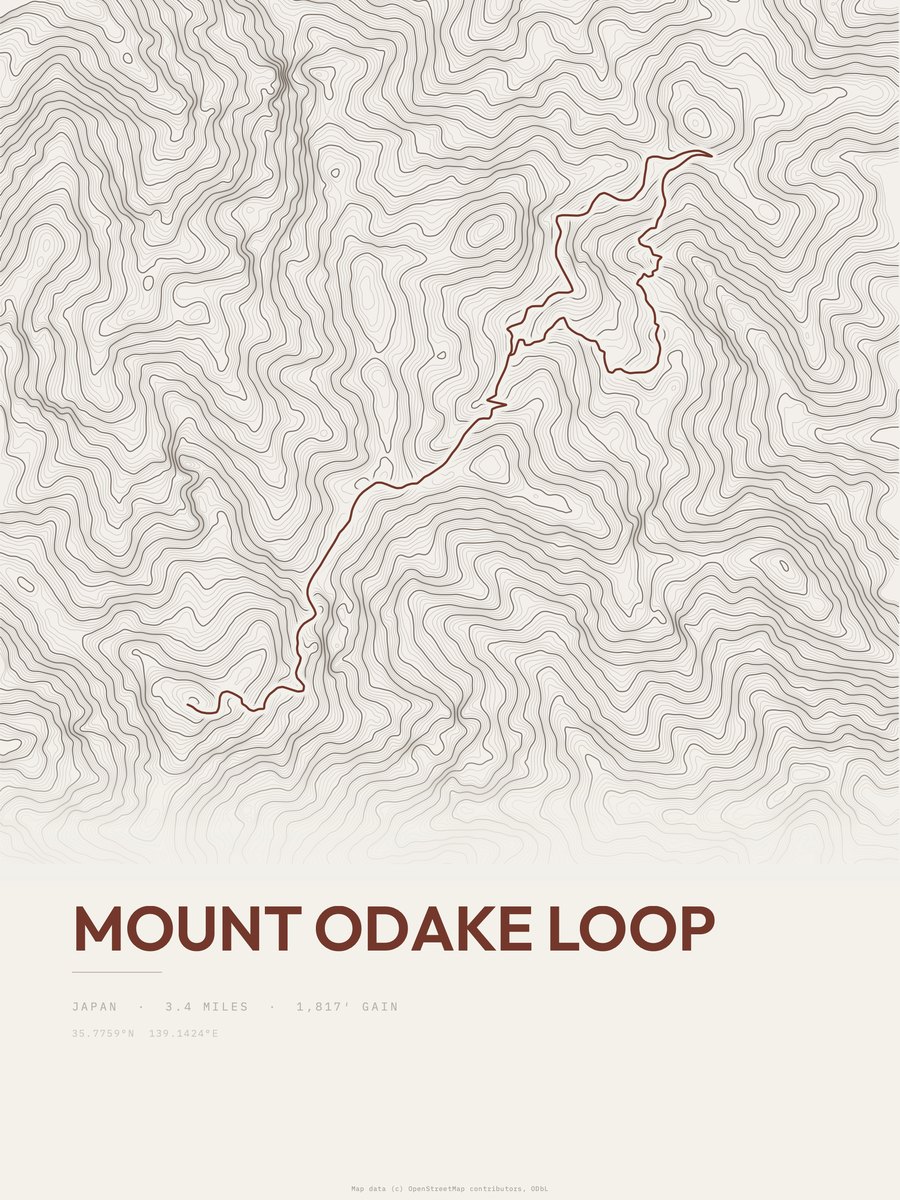 Mount Odake Loop topographic trail print