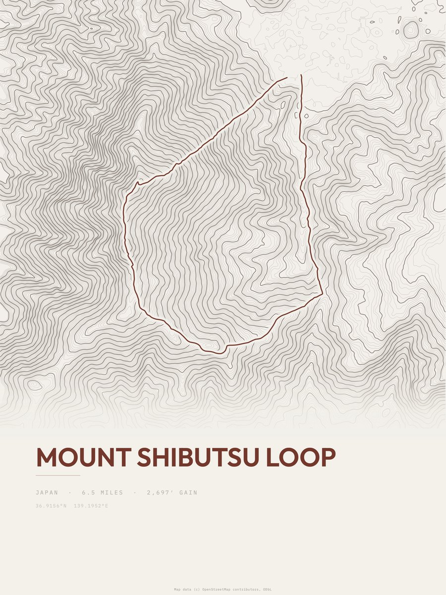 Mount Shibutsu Loop topographic trail print