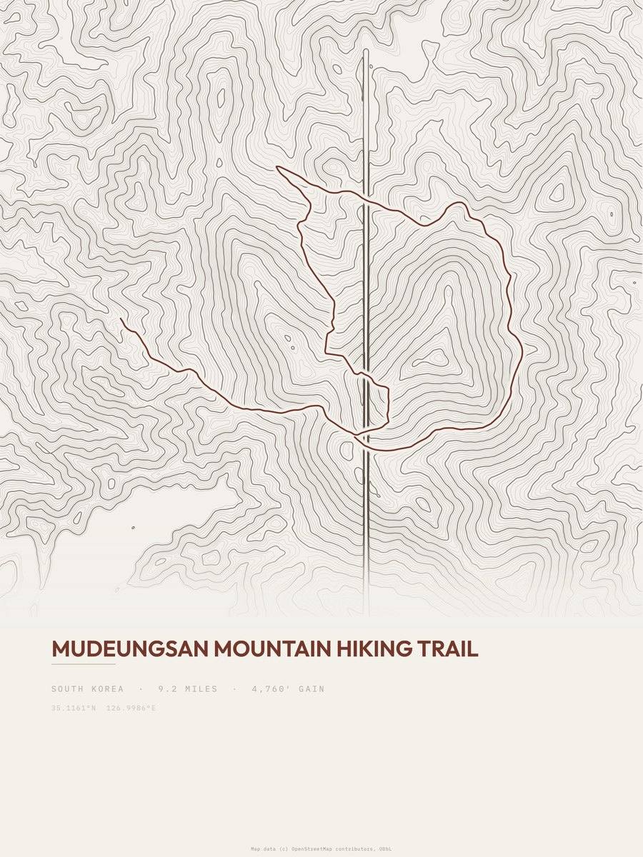 Mudeungsan Mountain Hiking Trail topographic trail print