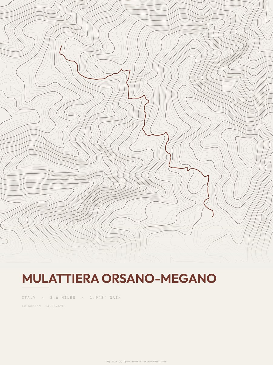Mulattiera Orsano-Megano topographic trail print