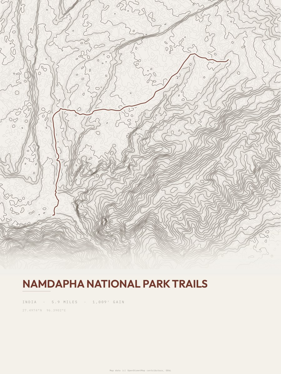 Namdapha National Park Trails topographic trail print
