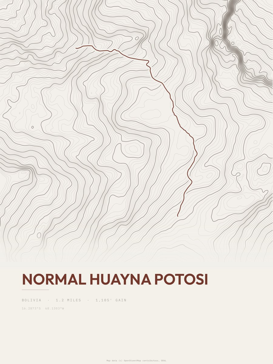 Normal Huayna Potosi topographic trail print