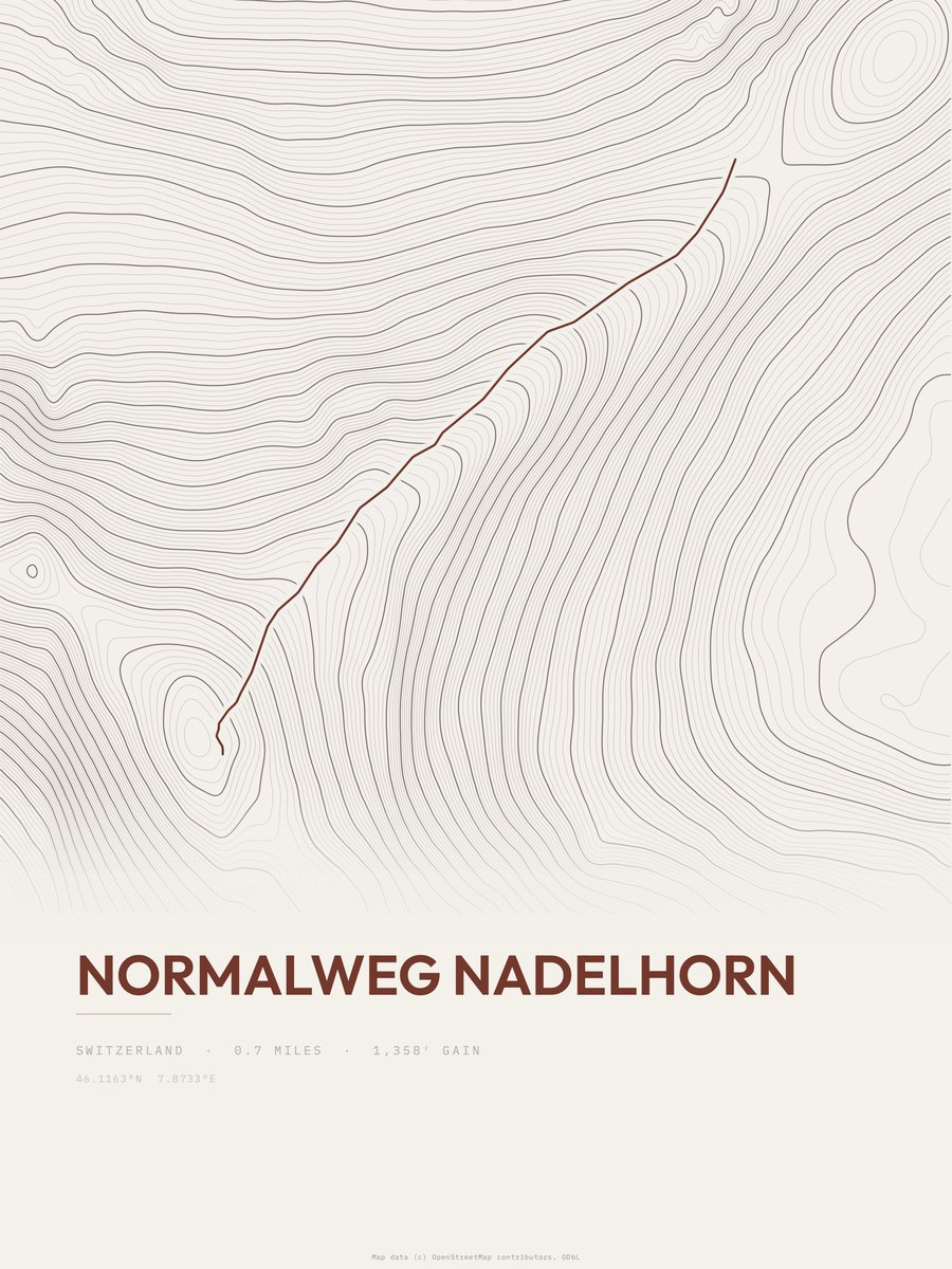 Normalweg Nadelhorn topographic trail print