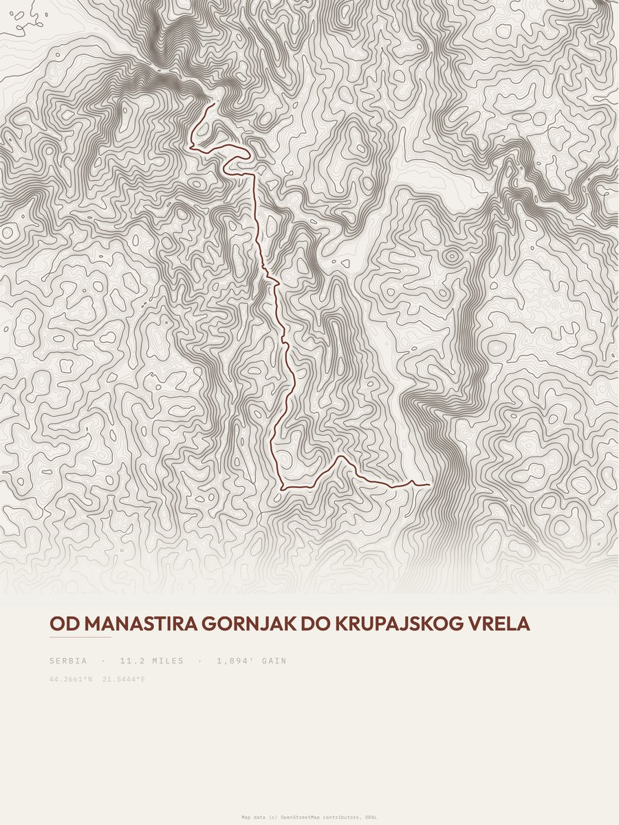 Od manastira Gornjak do Krupajskog vrela topographic trail print