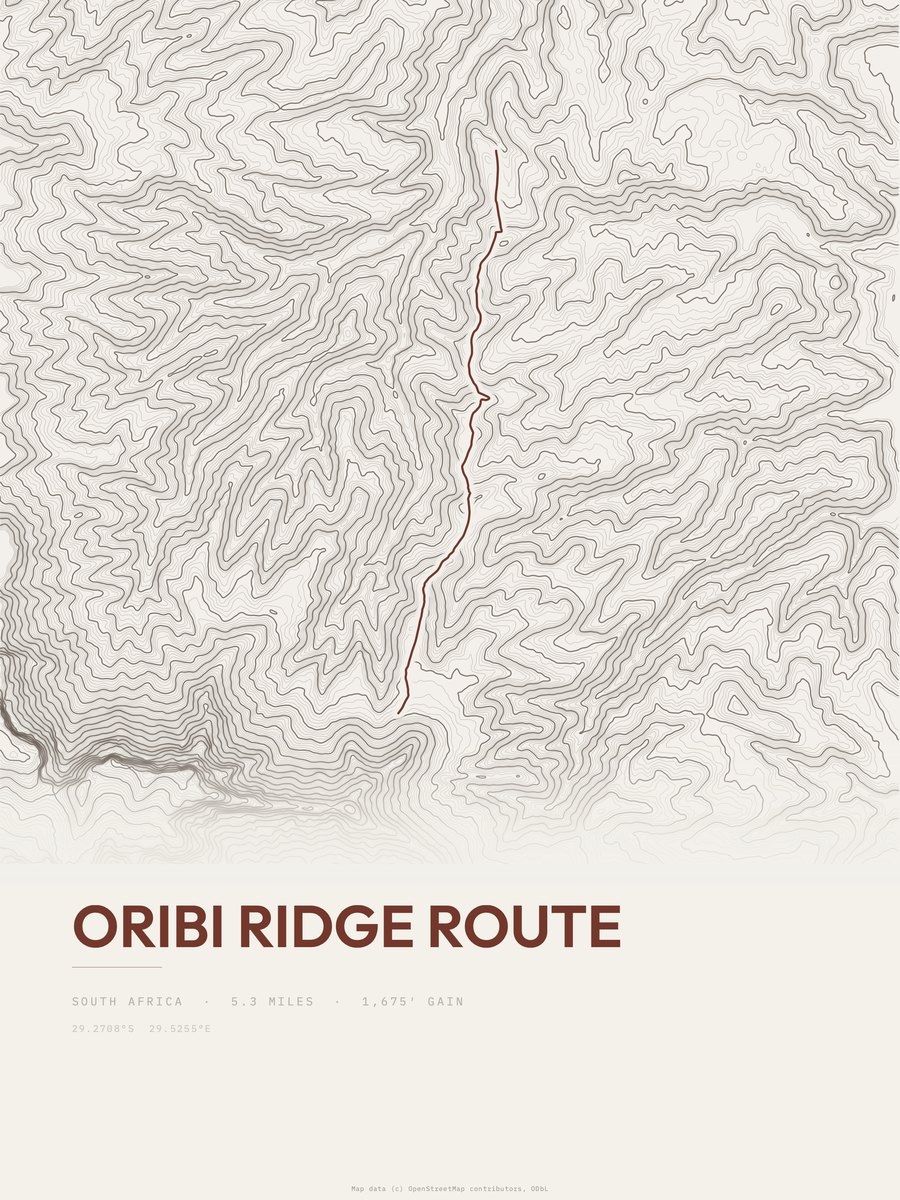 Oribi Ridge Route topographic trail print