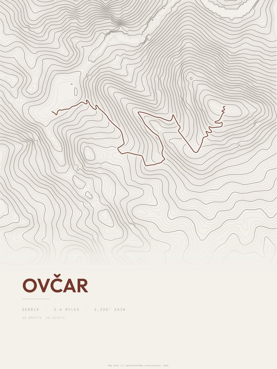 Ovčar topographic trail print