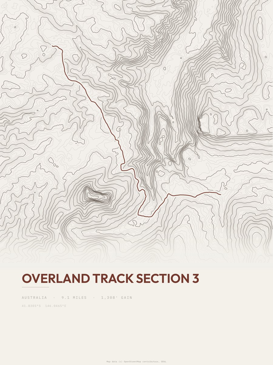 Overland Track topographic trail print