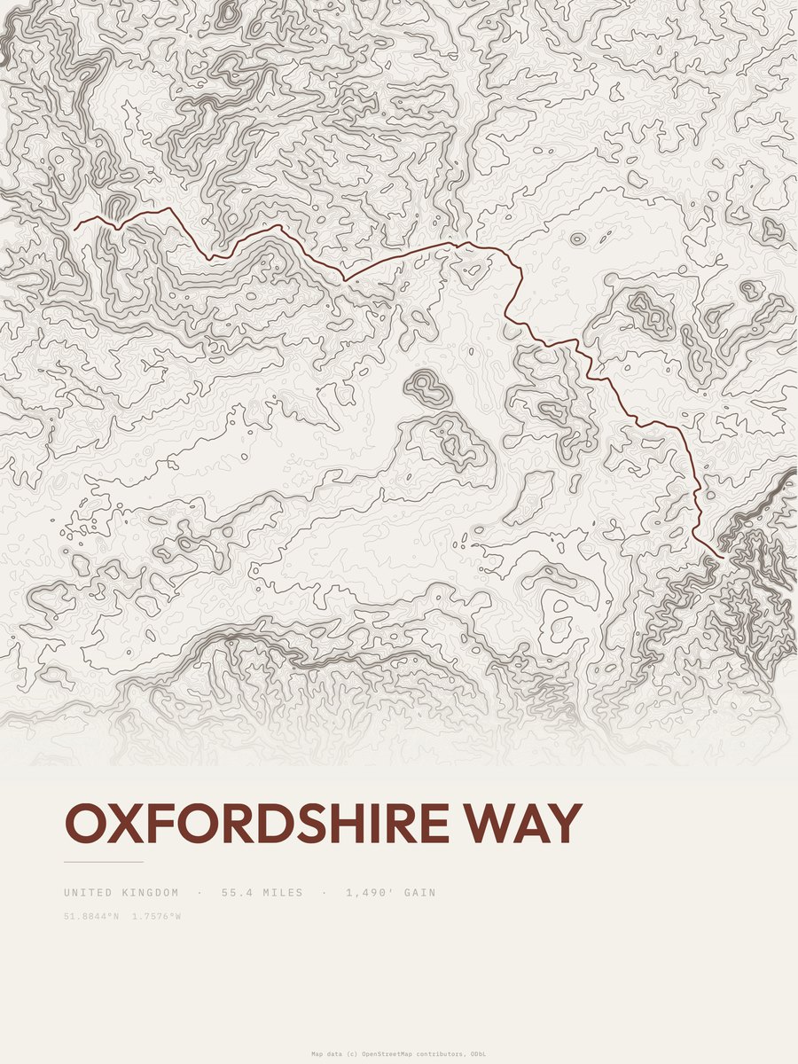 Oxfordshire Way topographic trail print