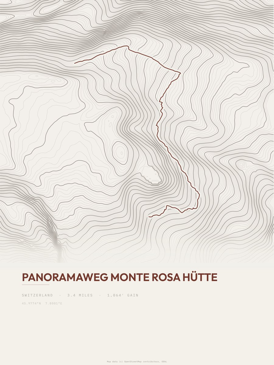 Panoramaweg Monte Rosa Hütte topographic trail print