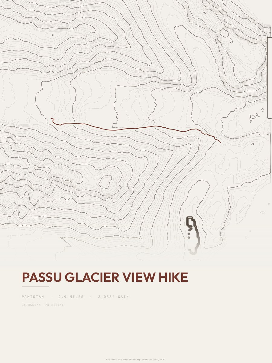 Passu Glacier View hike topographic trail print