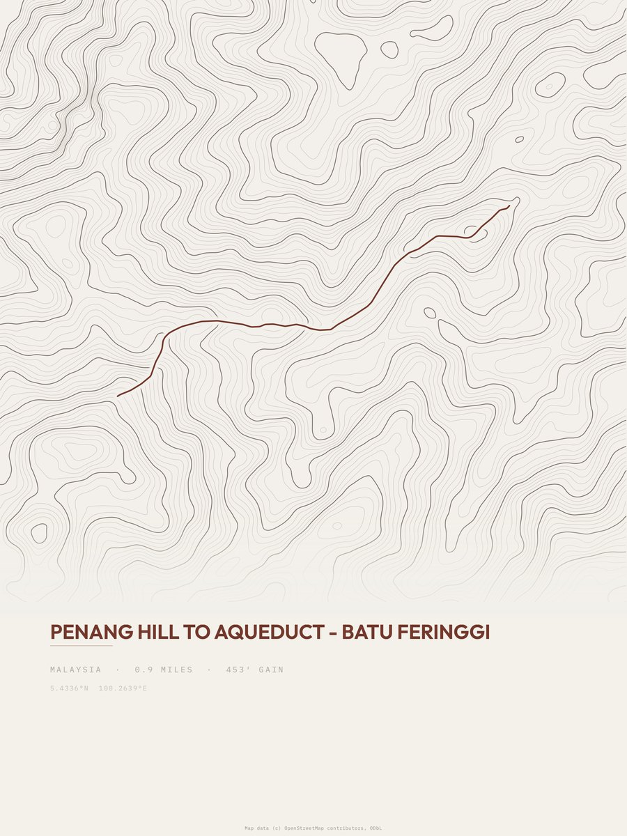Penang Hill to Aqueduct topographic trail print