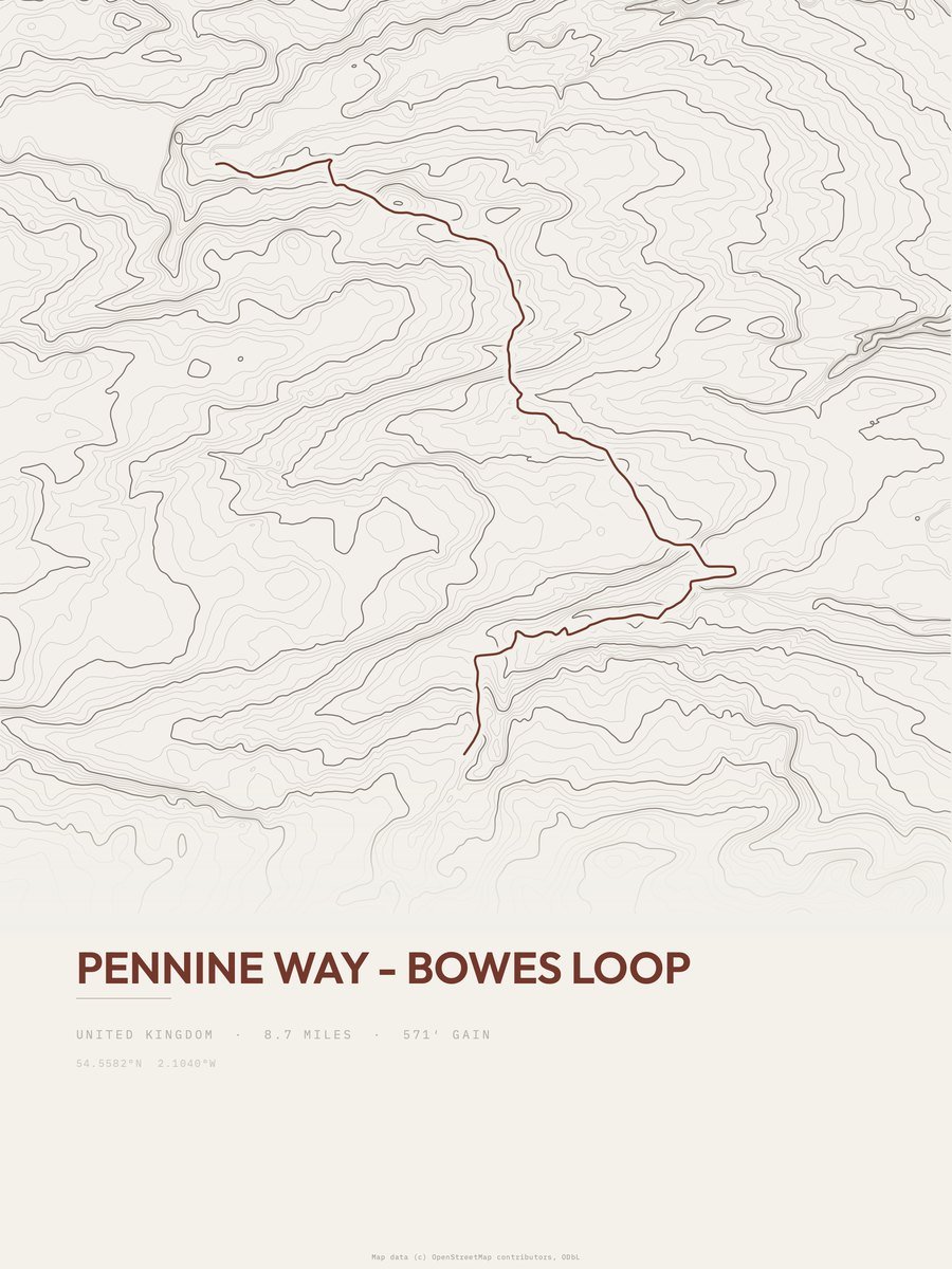 Pennine Way - Bowes Loop topographic trail print