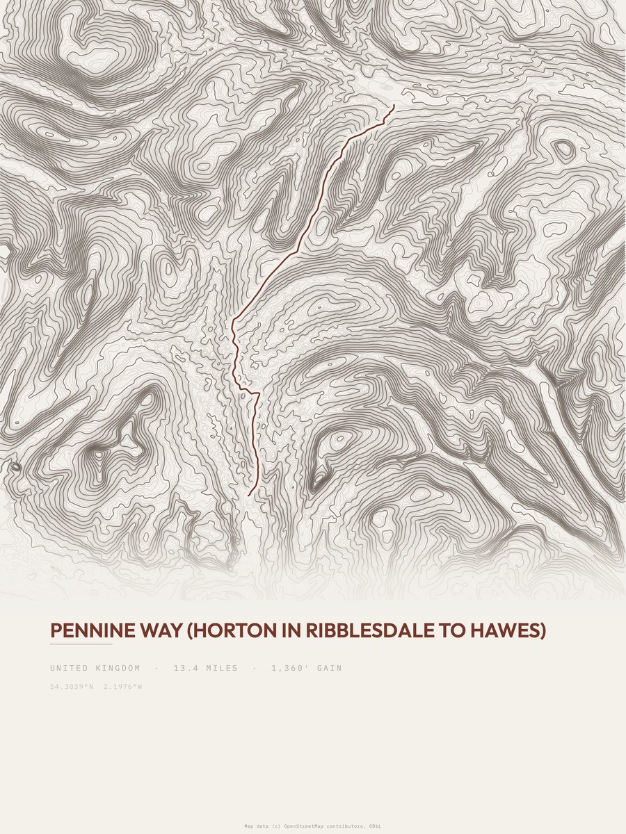 Pennine Way topographic trail print