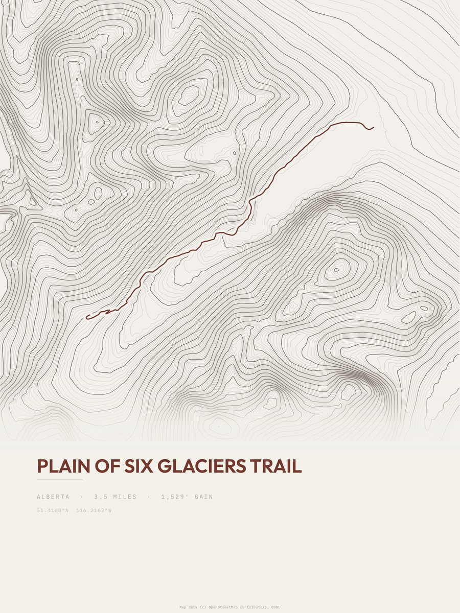 Plain of Six Glaciers Trail Topographic print