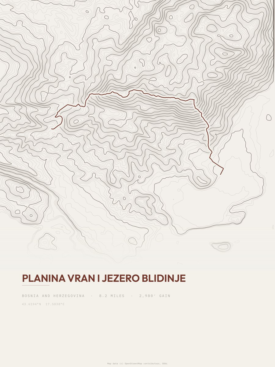 Planina Vran i jezero Blidinje topographic trail print